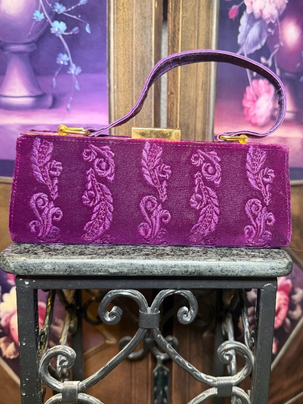 La Regale Purple Velvet Embroidered Evening Bag Clutch Gold Frame